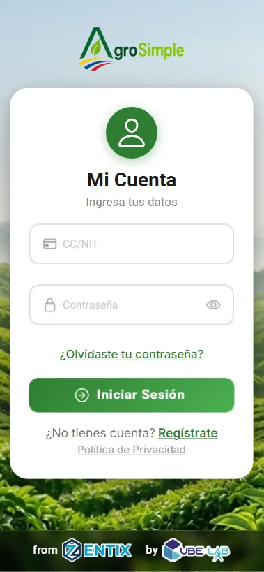 Pantalla de inicio de sesión de AgroSimple